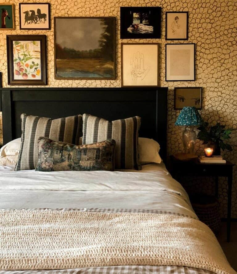 Moody Bedroom With Patterned Wallpaper