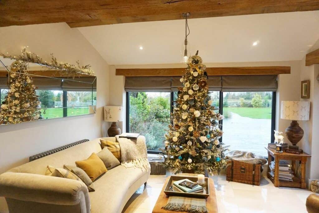 Neutral Christmas Aesthetic With Exposed Wood Beams