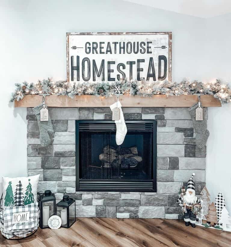 Neutral Christmas Aesthetic With Gray Stone Fireplace