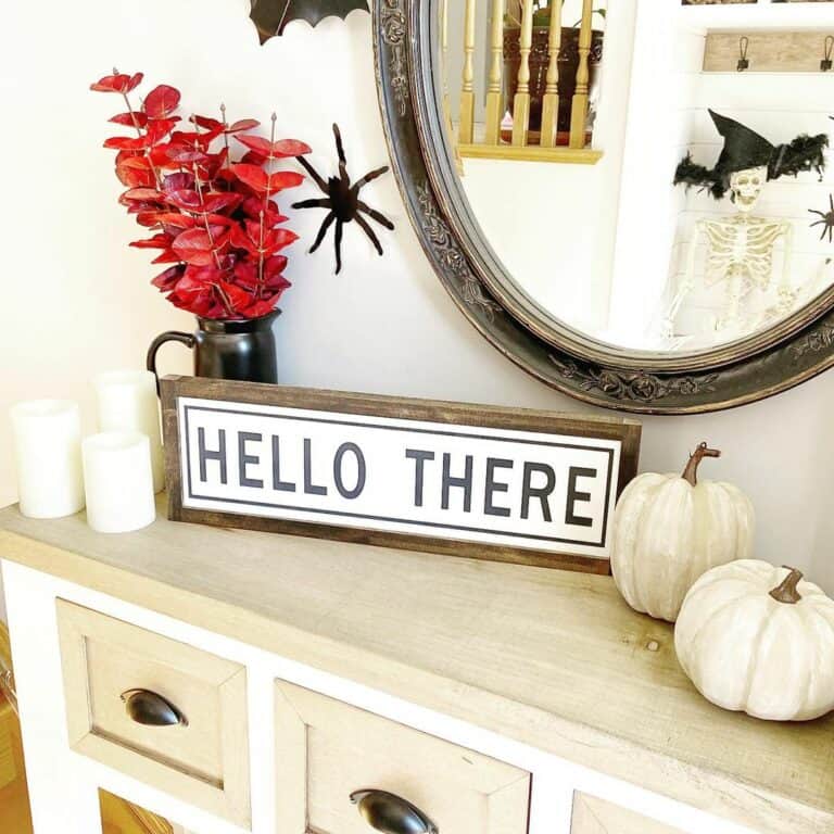 Neutral Farmhouse Halloween Décor With Red Autumn Leaves