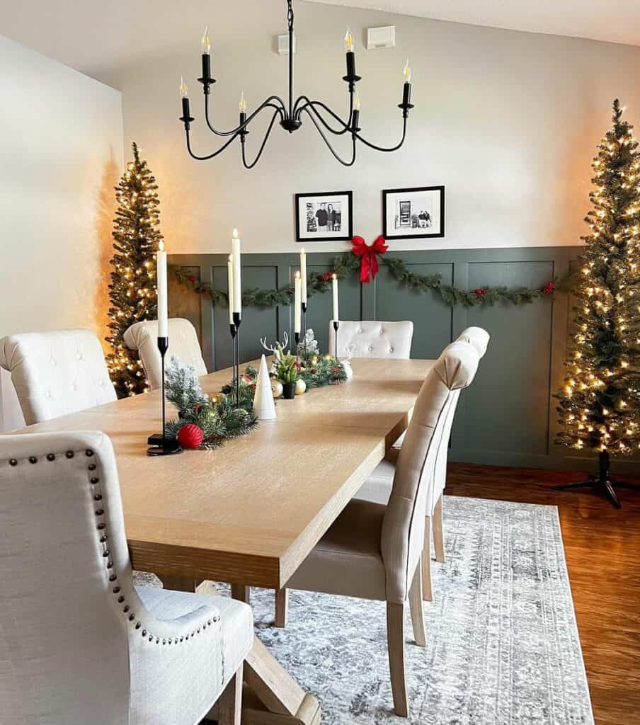 Neutral Green Dining Room Decorated for the Holidays