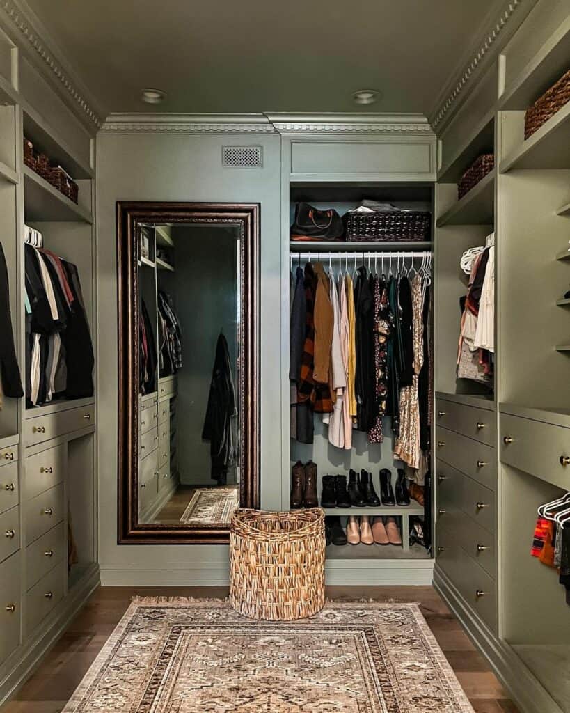 Olive Shelves and Dark Oak Mirror in Closet