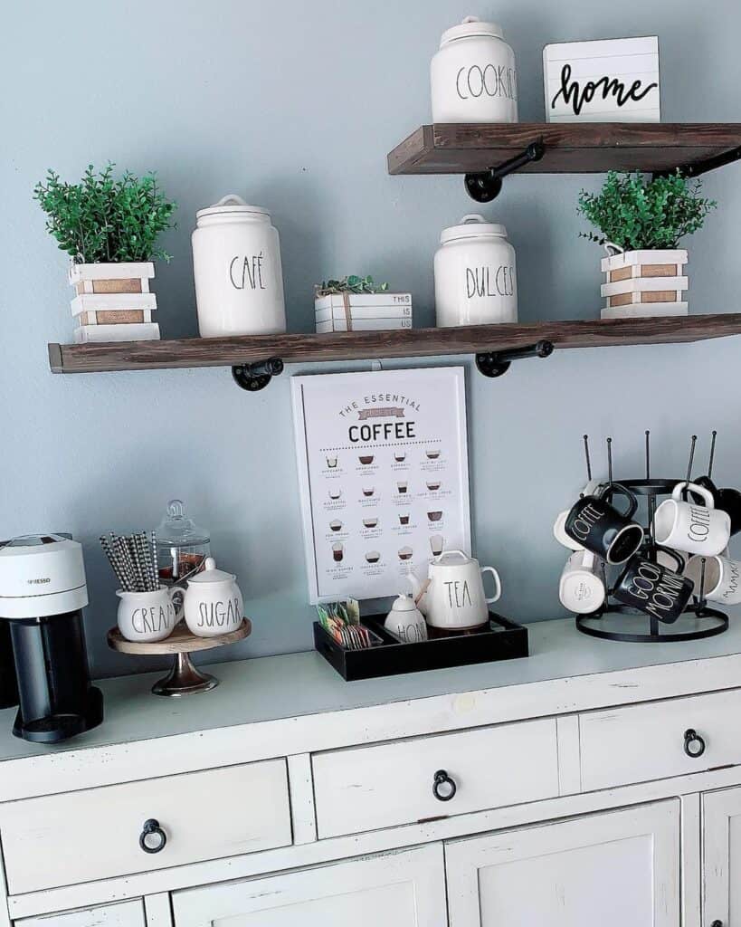 Pastel Blue Wall With Oak Shelves for Home Coffee Bar