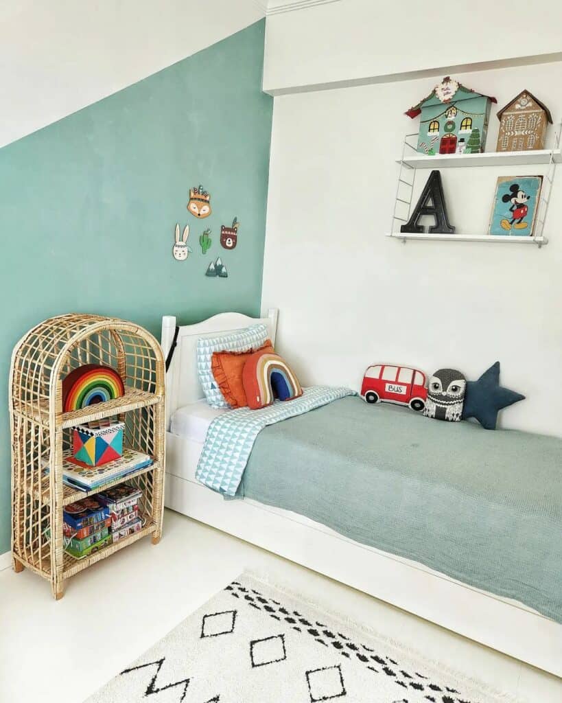 Pastel Green Tones in Kid's Bedroom With Rattan Shelf