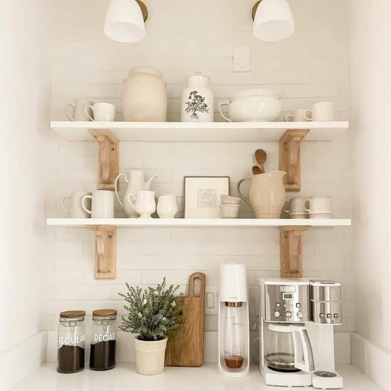 Personal Coffee Bar With White Brick Wall Backsplash