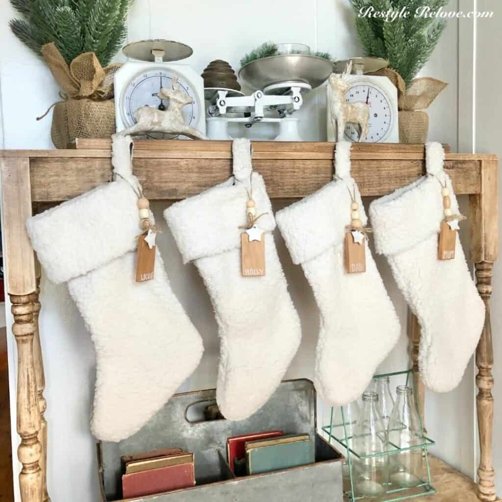 Rustic Farmhouse Console Table With Christmas Stockings