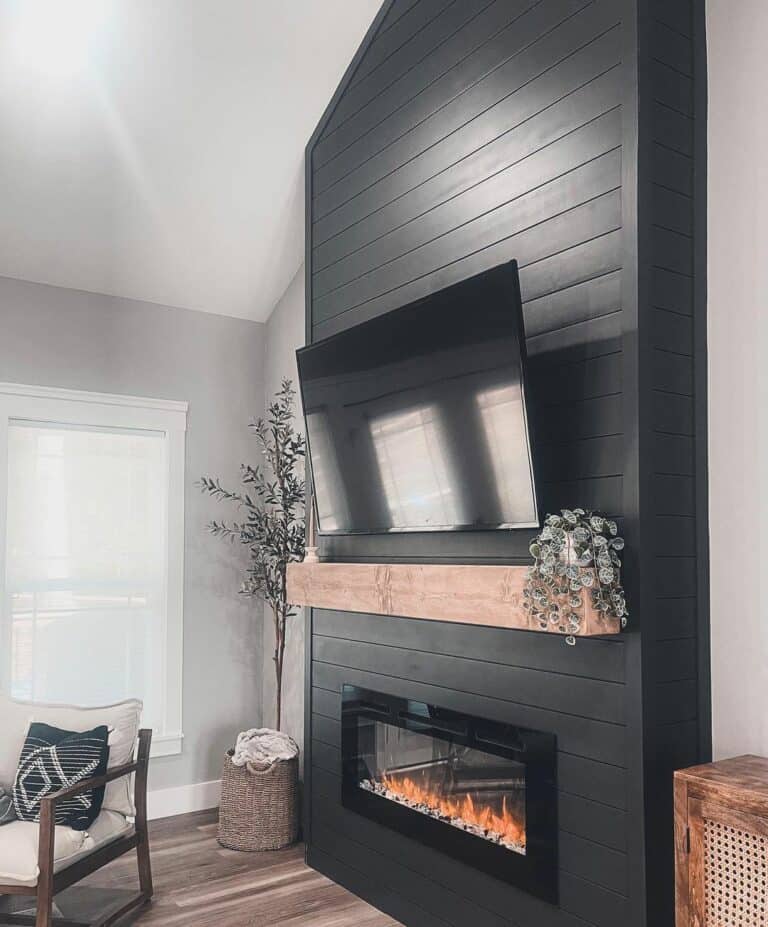 Scandinavian Living Room With Black Shiplap Wall