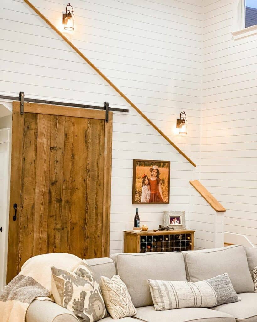 Shiplap Living Room With Blended Staircase