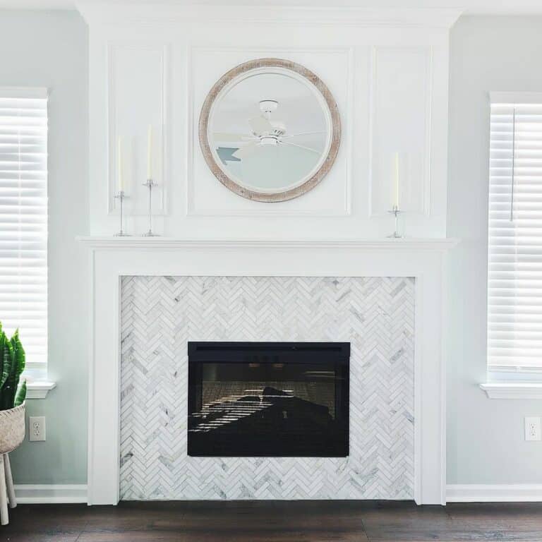 Simple White Living Room With Herringbone Tiles
