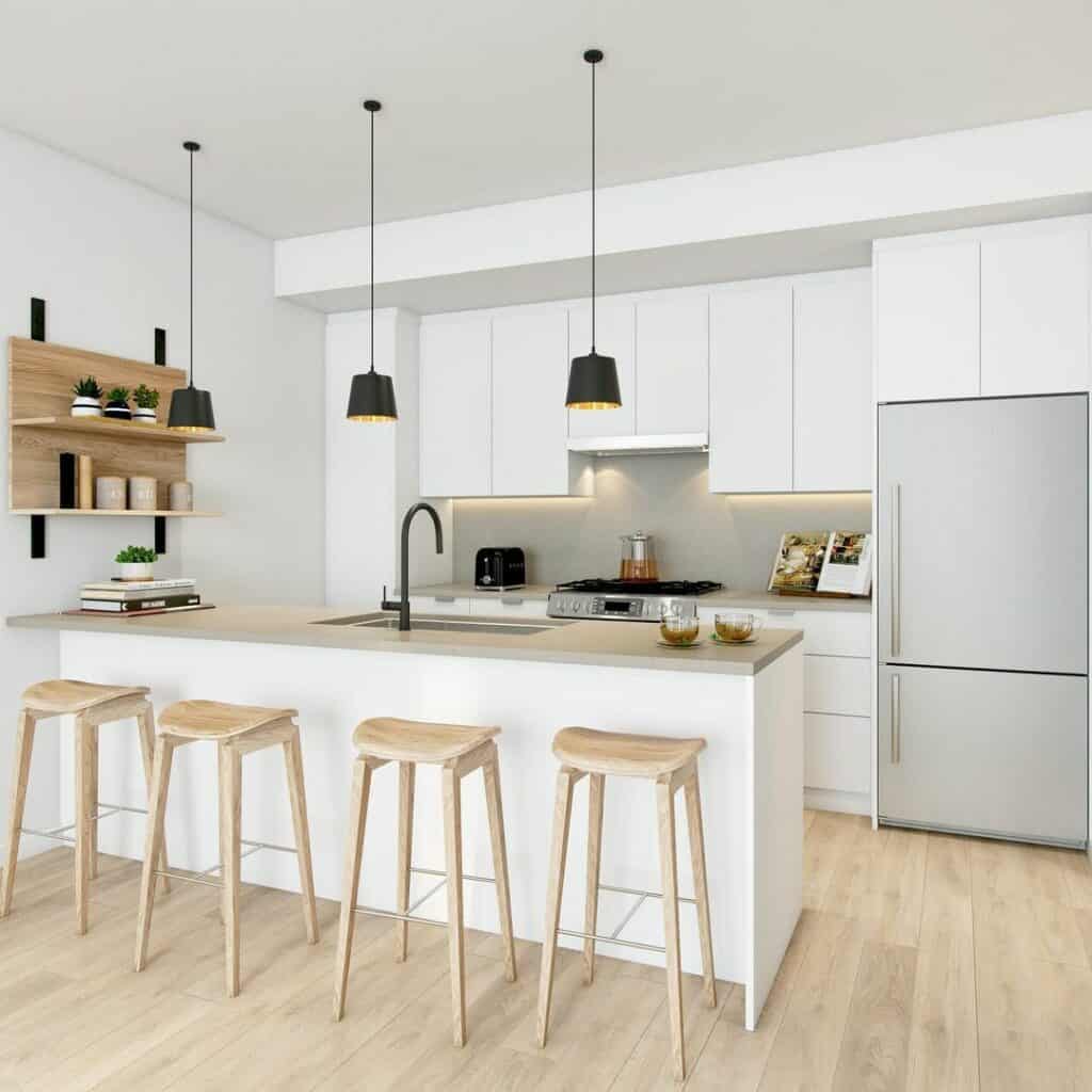 Sleek White Kitchen With Light Wood Stools