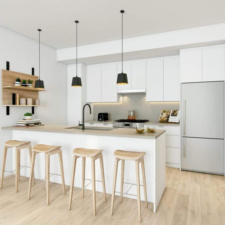 Sleek White Kitchen With Light Wood Stools