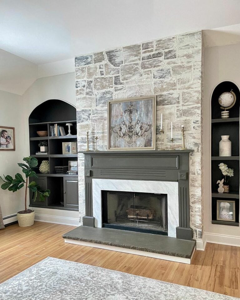 Stone Fireplace with Dark Gray Mantel