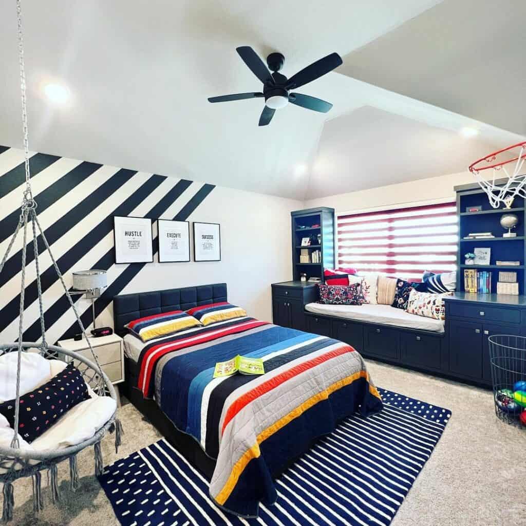 Striped Accent Wall and Window Nook as Boy's Bedroom Décor