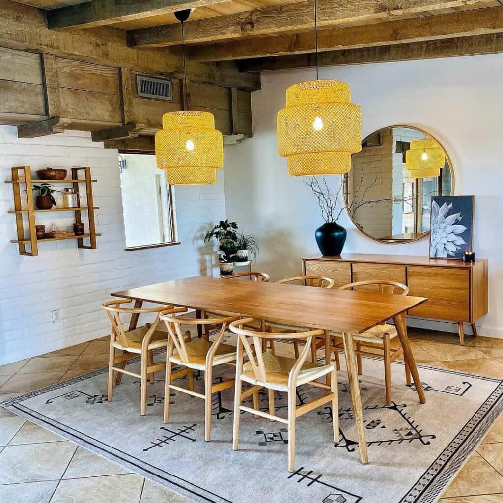 Strong Wood Ceiling Beams and Modern Yellow Pendants
