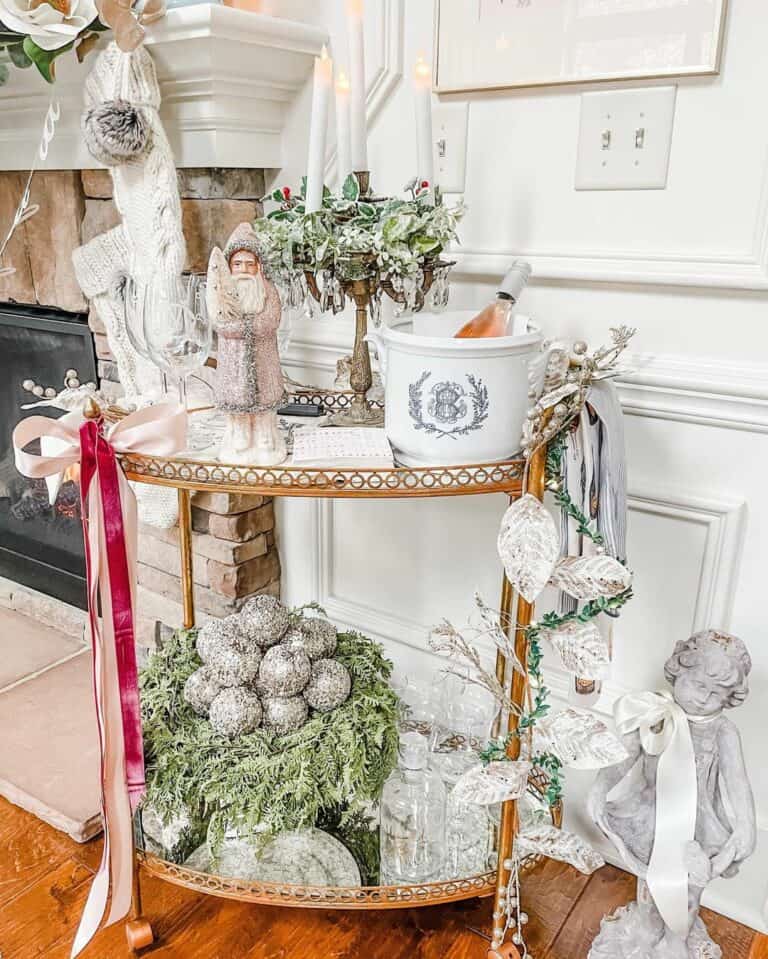 Stunning Ornament Display on a Vintage Bar Cart