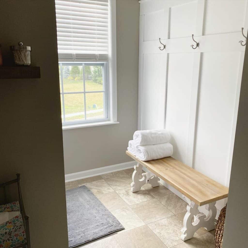 Stylish Seating in a Board and Batten Bathroom