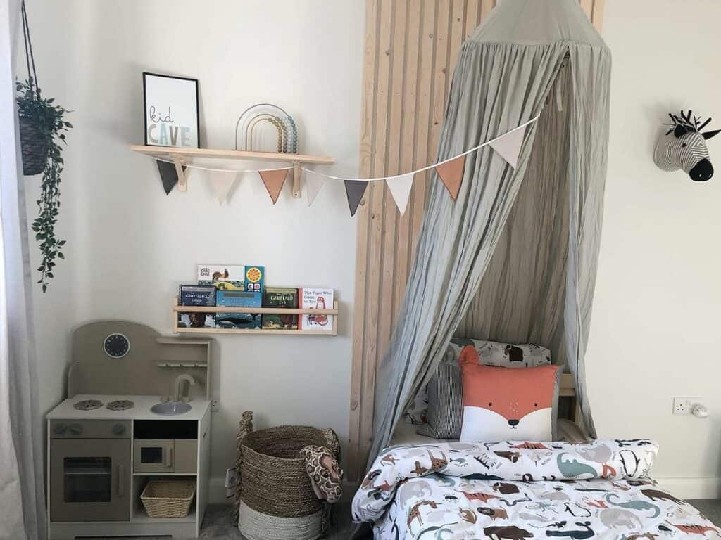 Toddler Room With Vertical Paneling and Hanging Play Tent