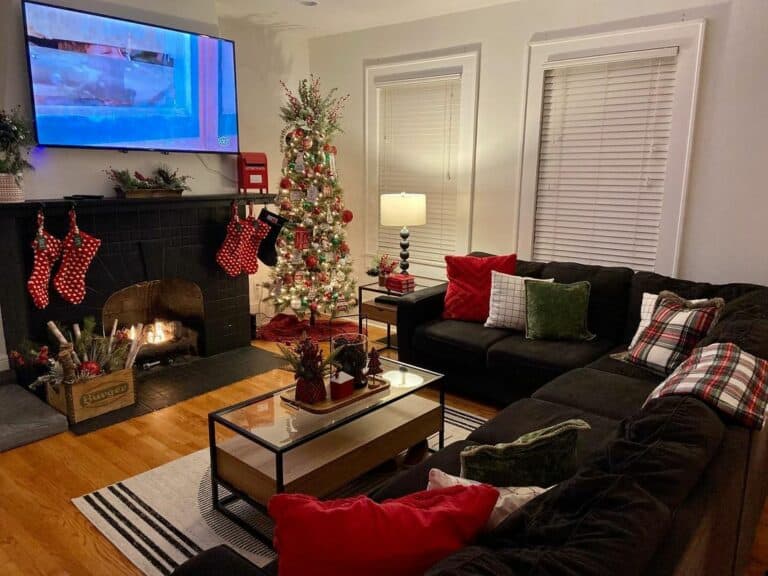 Traditional Christmas Décor Paired With Black Fireplace