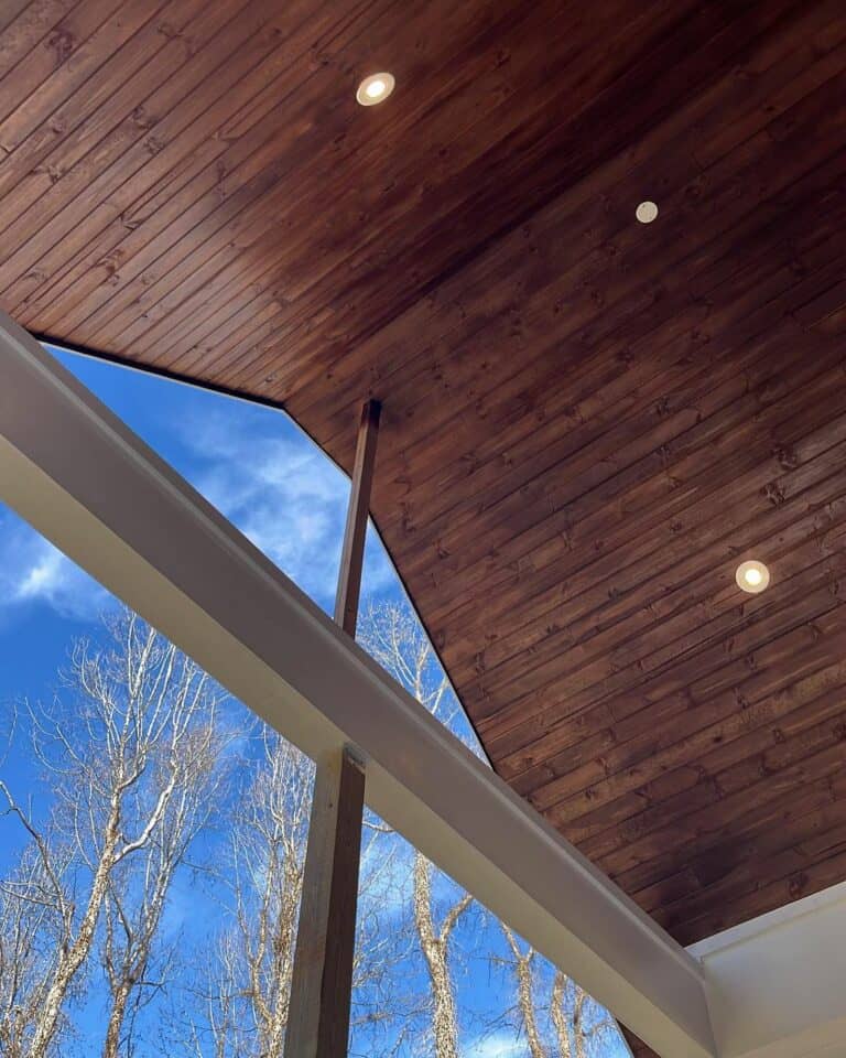 Vaulted Living Room With Wood Plank Ceiling