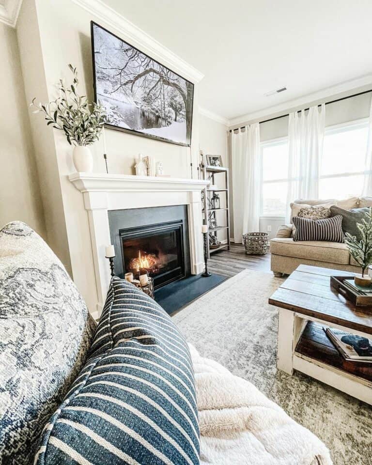 White Cottage Living Room With Mantel Décor