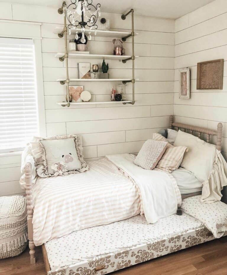 White Country Bedroom With Wall Shelves
