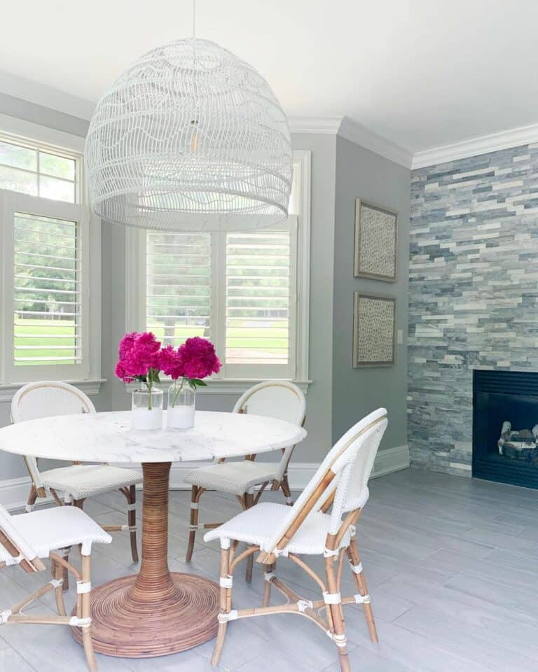 White Dining Room With Gray Stone Accent Wall