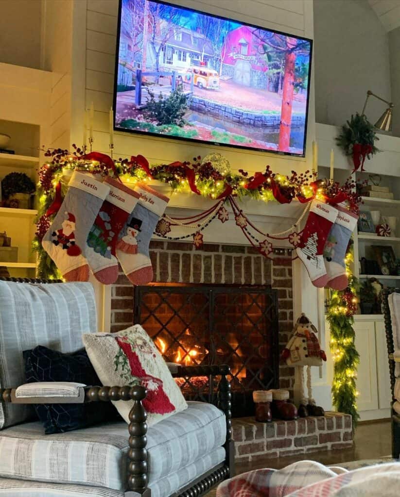 White Farmhouse Living Room With Christmas Stockings