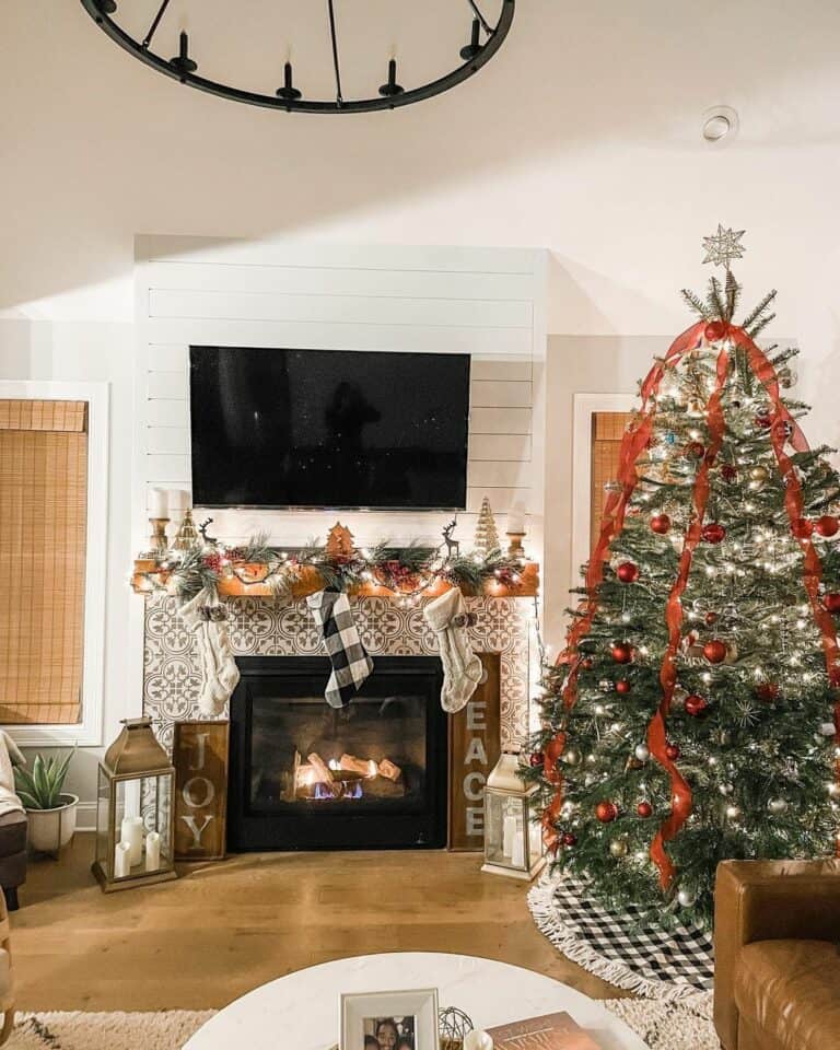 White Fireplace Next to Illuminated Christmas Tree