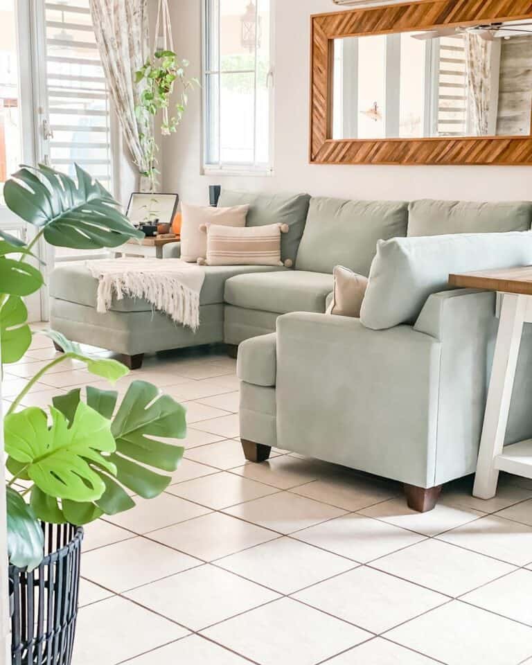 White Living Room With Framed Wooden Mirror