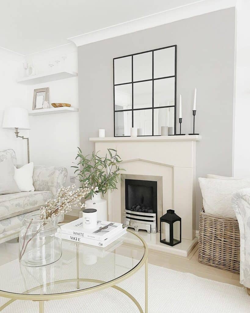 White Living Room With Minimalistic Mantel Décor
