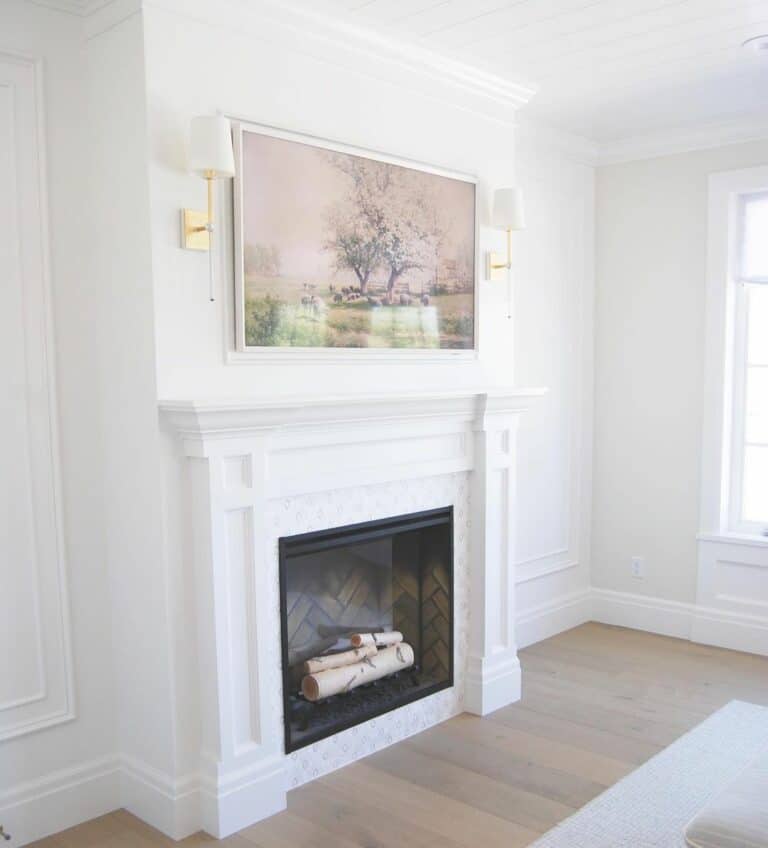 White Living Room With White Herringbone Fireplace
