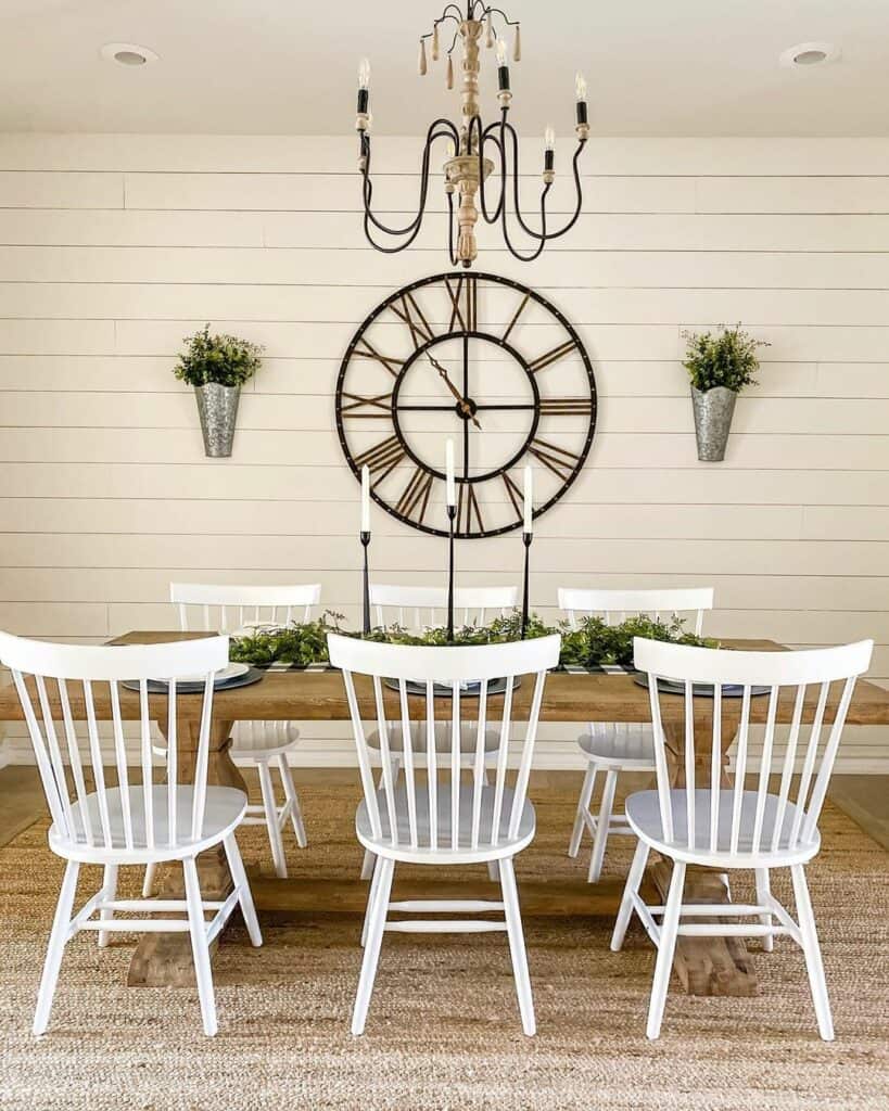 White Shiplap Dining Room With Wall Clock
