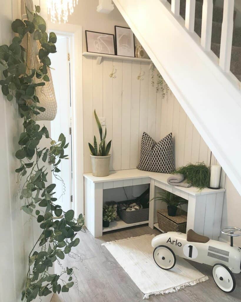 White Shiplap Under-stair Nook for Toy Storage