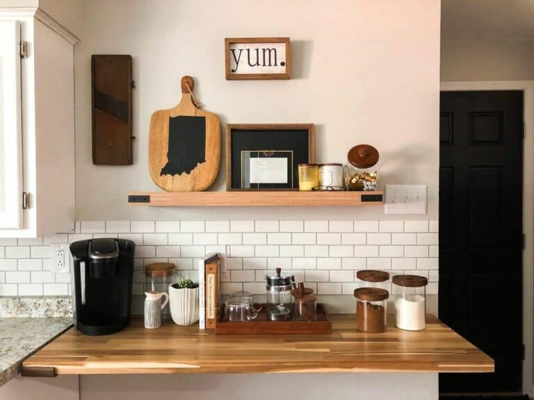 White Subway Tiles and Farmhouse Décor for Home Coffee Bar