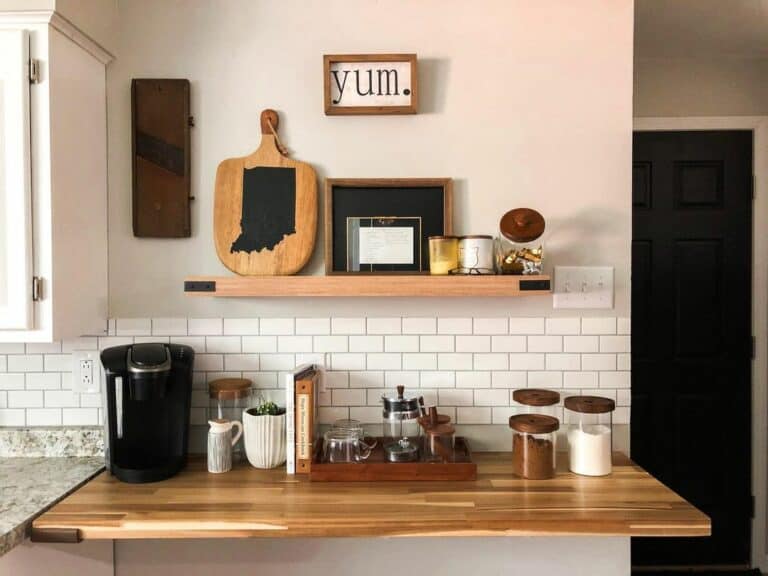 White Subway Tiles and Farmhouse Décor for Home Coffee Bar