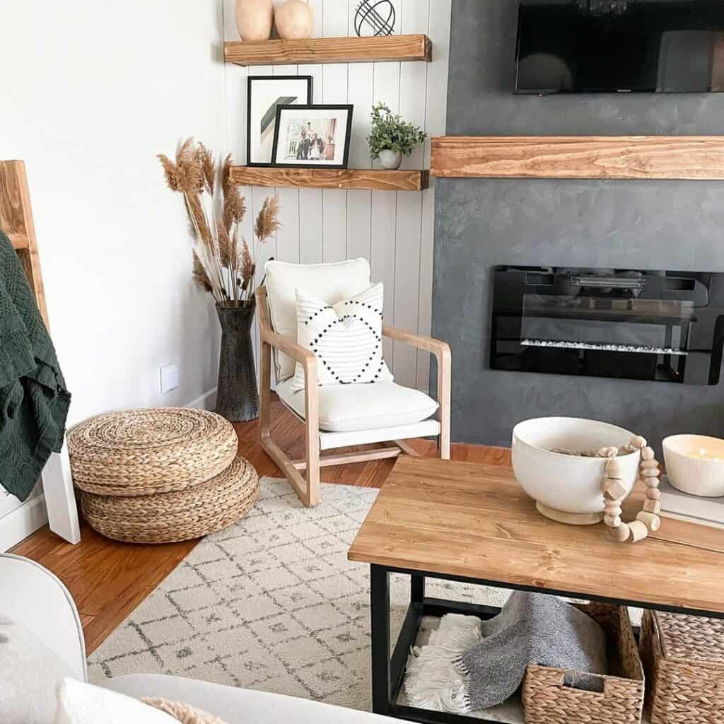 Wood Accents Around a Gray Fireplace Wall