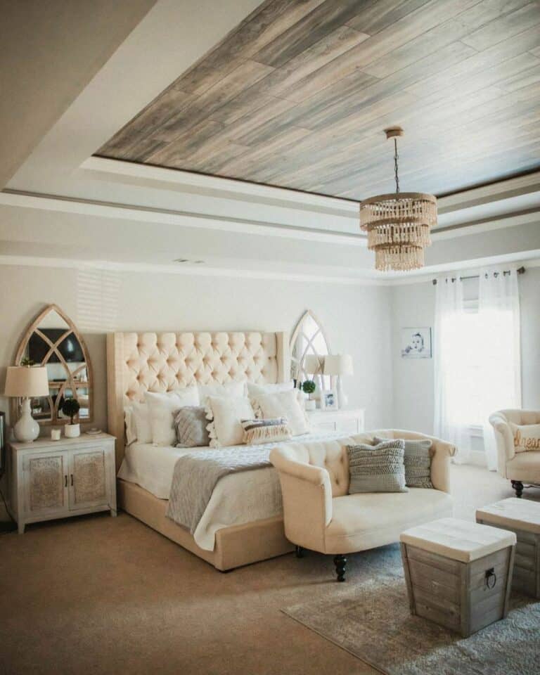 Wood and White Bedroom With Tray Ceiling