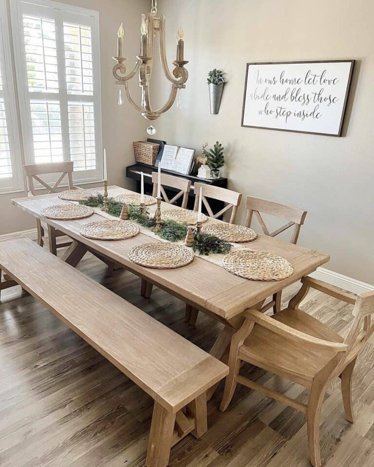 Wooden Dining Room Table With Rattan Placemats