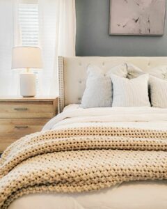 French Blue Bedroom With Beige and White Bedding