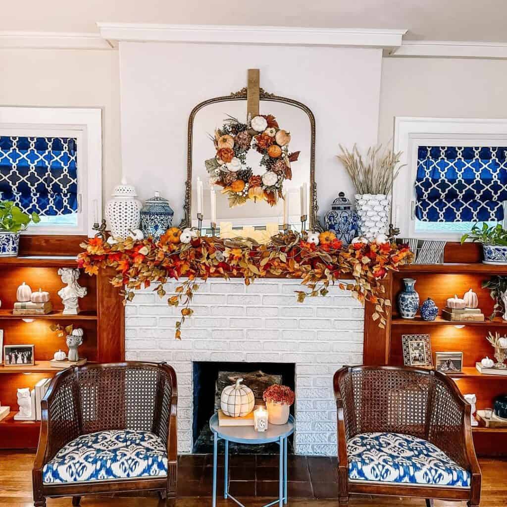 Blue and White Chinoiserie Fall Mantel