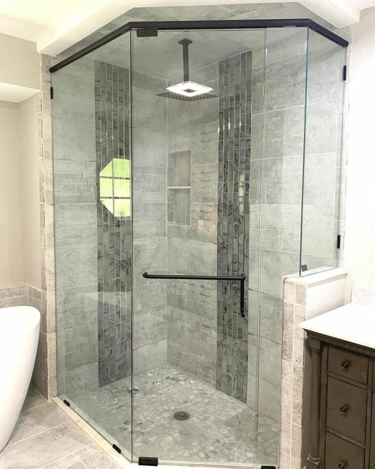 Corner Shower Elevated With Natural Stone Tile