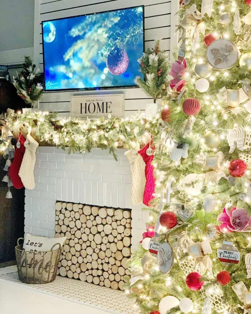 Glowing Christmas Fireplace With Artfully Stacked Logs