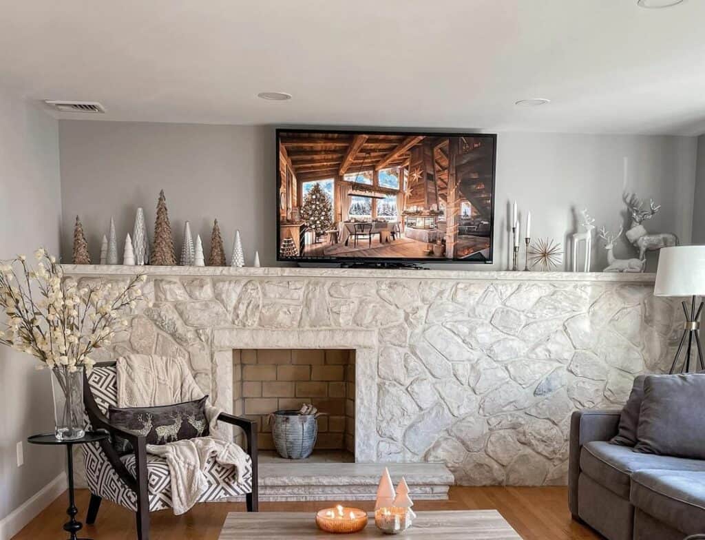 Long Stone Fireplace Decorated for Christmas