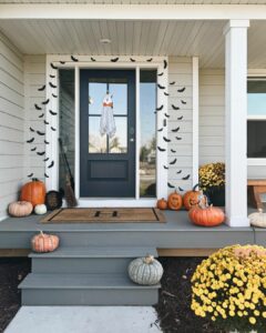 Pumpkins and Paper Bats as Porch Decor