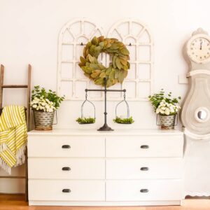 Sideboard Display Accessorized With Springtime Greenery