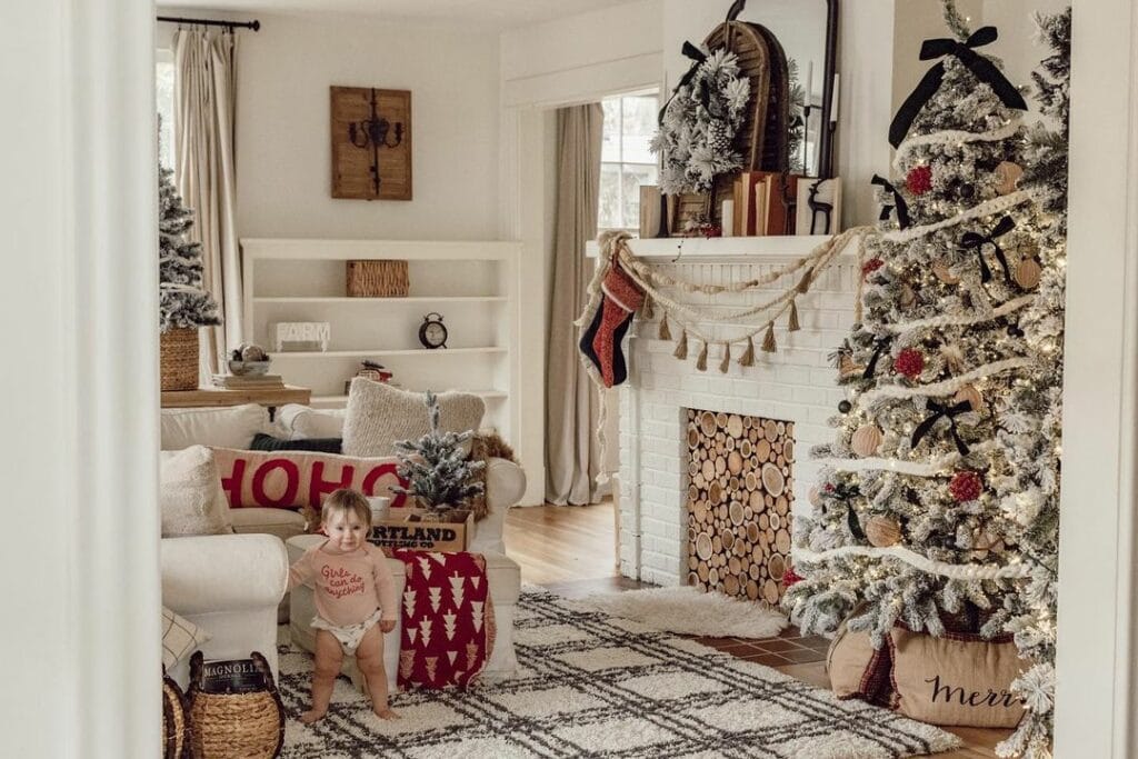 Stacked Log Detailing in White Brick Fireplace