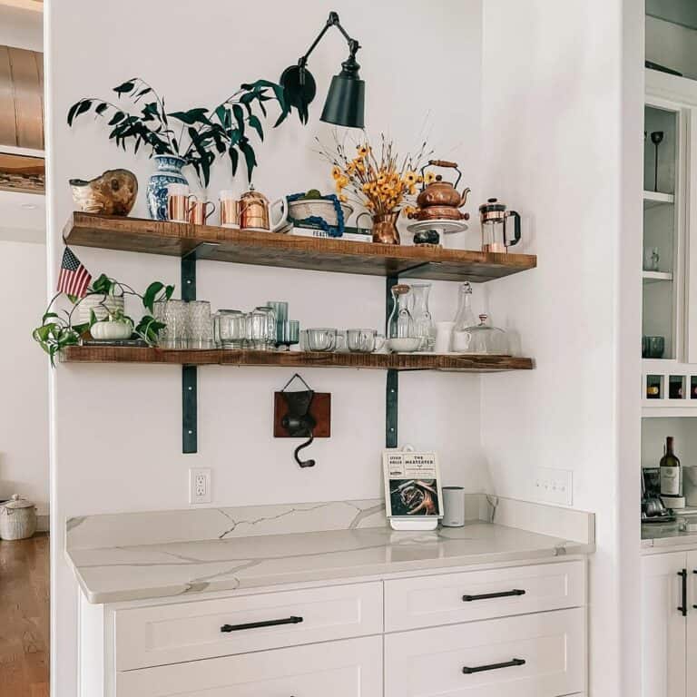 Swing Arm Sconce Above Wooden Shelves
