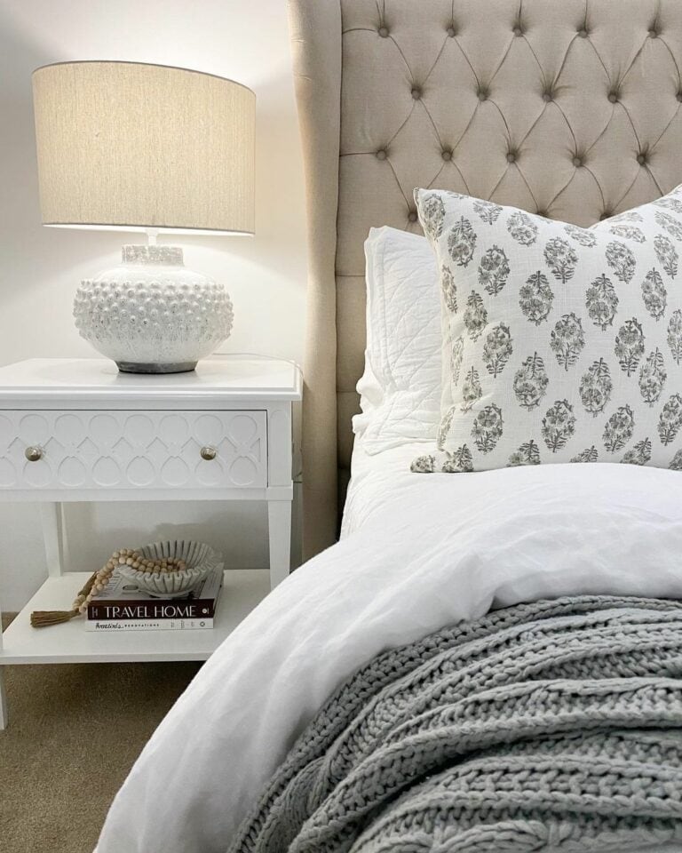 Textured Lamp Complements an Embellished Nightstand