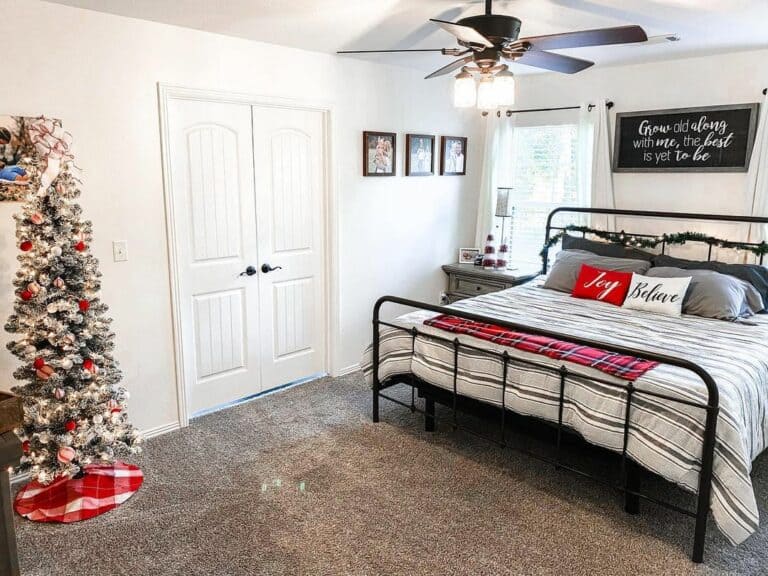 Black and White Bedroom With Red Accents