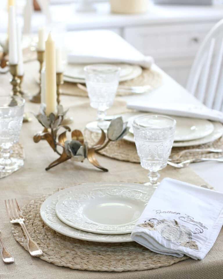 Embroidered Napkins and Fabulous Stacked Tableware